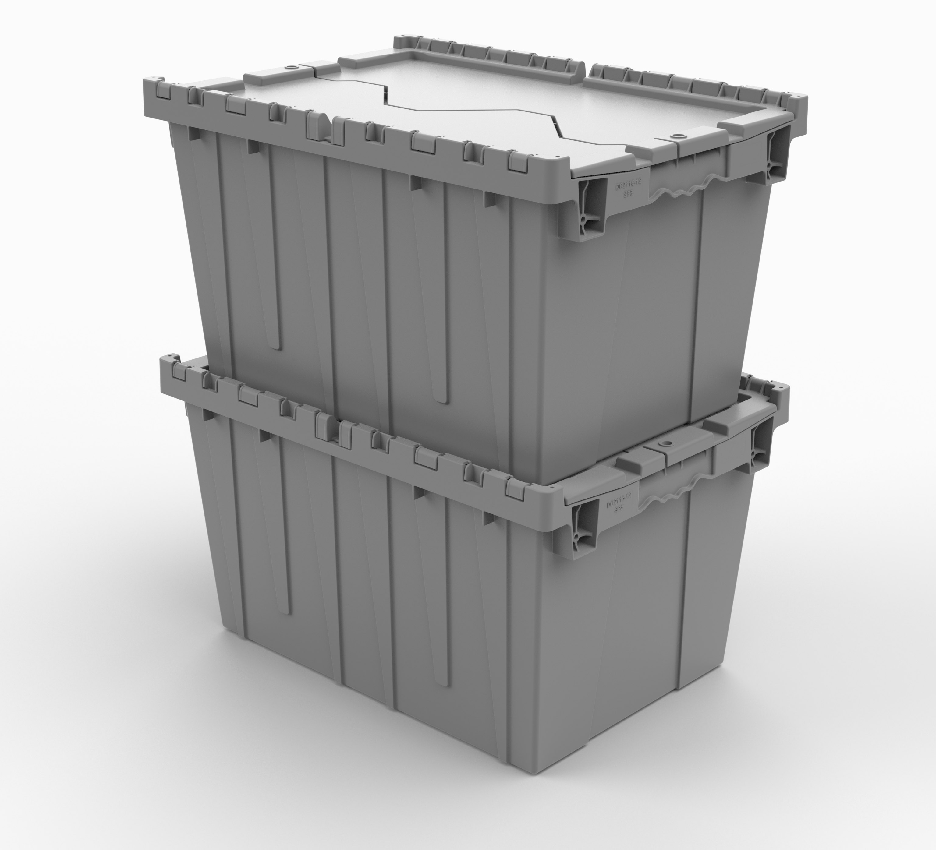 DC 2115-12 plastic hinge totes stacked