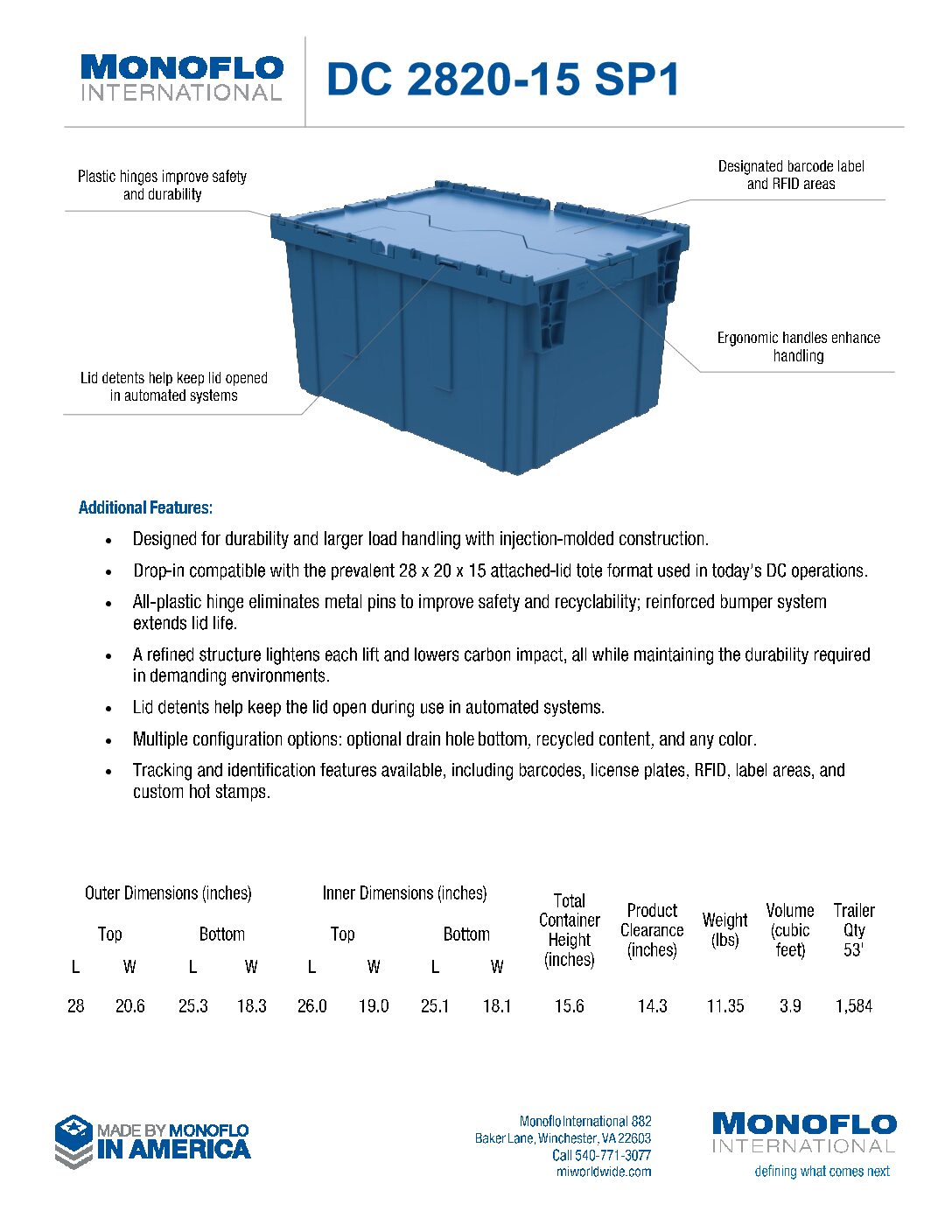 Attached Lid Tote DC-2820-15-SP1 Spec Sheet