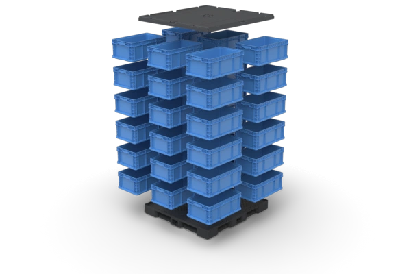 Animation of straight-wall containers stacking.