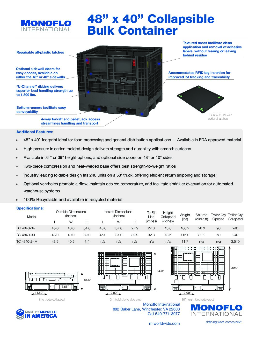 48” x 40” Collapsible Bulk Container Spec Sheet