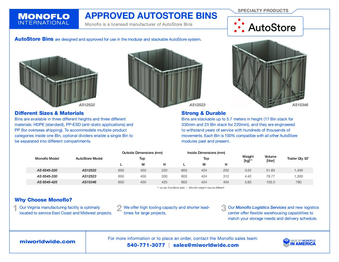 AutoStore™ Bins Spec Sheet