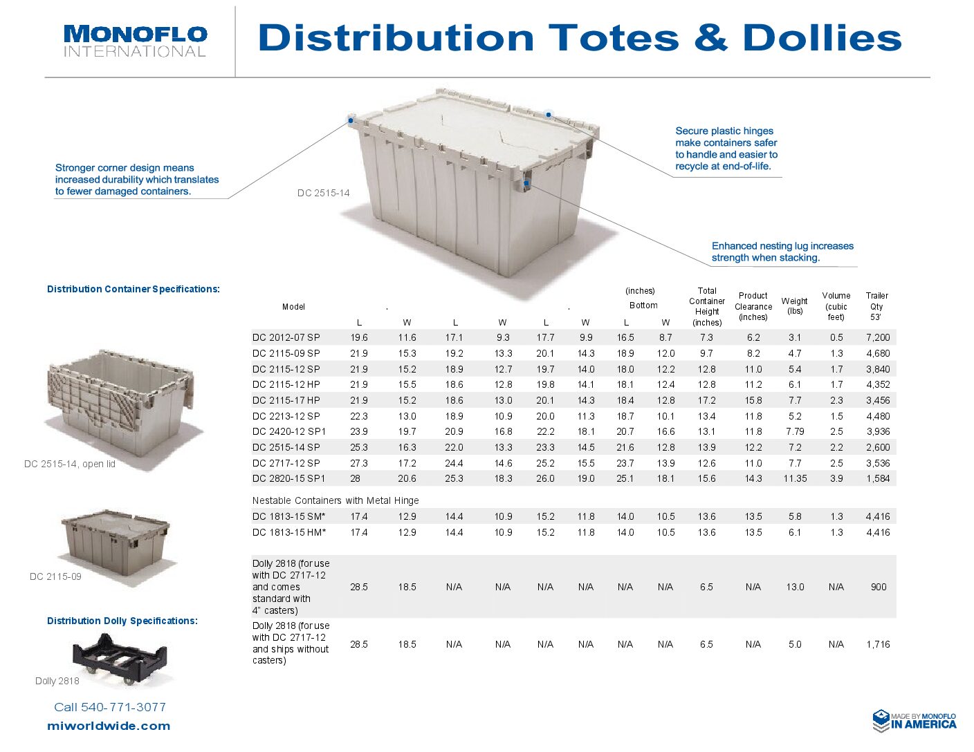 Attached-Lid Totes & Dollies Spec Sheet