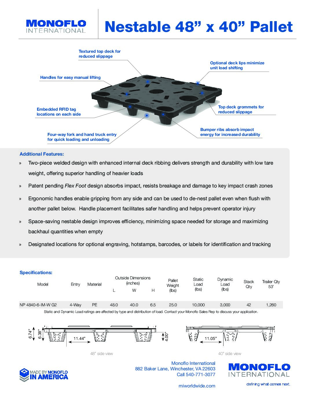 Nestable 48” x 40” Pallet Spec Sheet