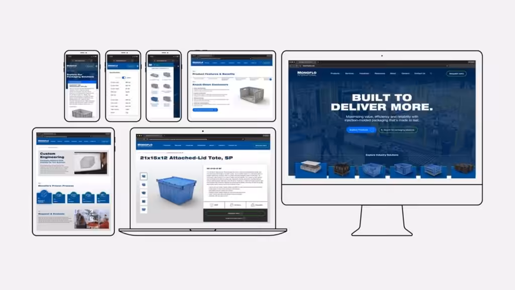 A computer, tablet, and smartphone all showing the updated Monoflo International website interface.