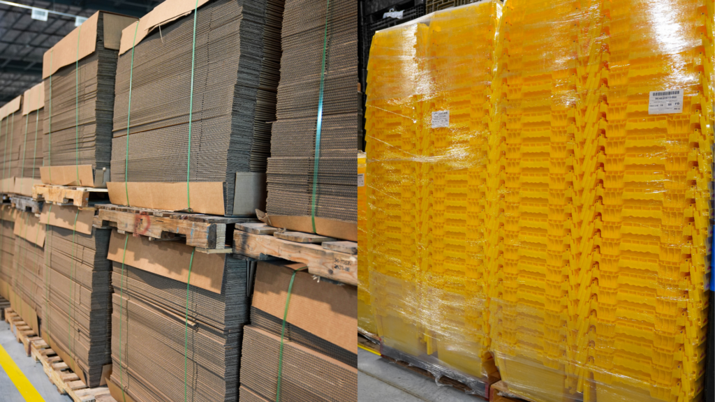 Pallets of corrugated boxes vs a pallet of reusable transport totes.